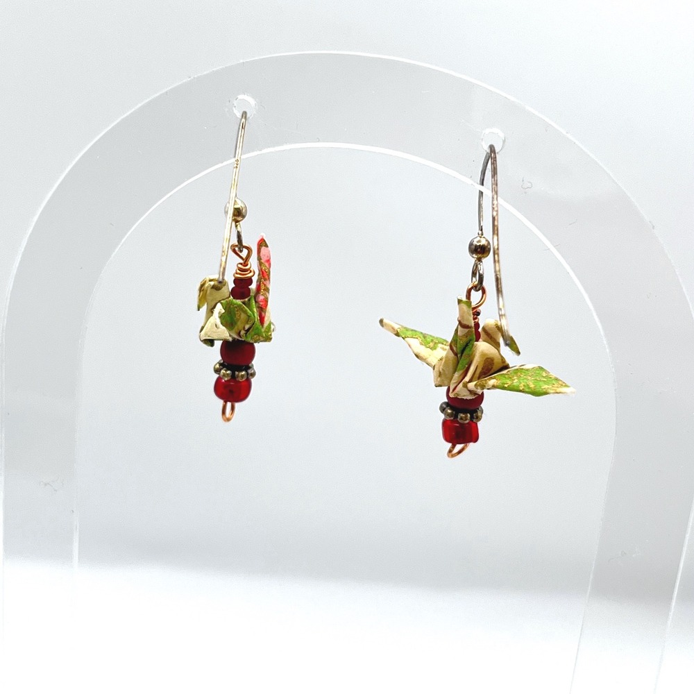Origami Crane Paper Drop Earrings Sterling Silver Hooks Green Floral Red Beads